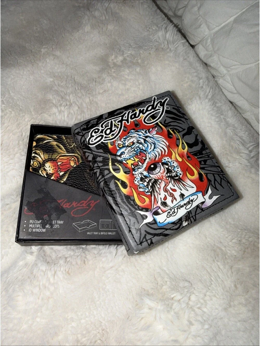 Ed Hardy Panther Tattoo Print Faux Leather Wallet with Bonus Valet Tray NEW!